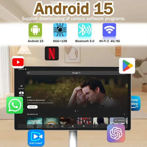 Vista 4 de TV portátil inteligente FHD de 21.5 pulgadas, TV rodante sobre ruedas, sistema operativo Android 15, almacenamiento 6G + 128GB, monitor de pantalla