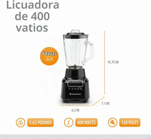 Vista 2 de Toastmaster Batidora de 400 vatios con tarro de vidrio de 48 onzas, para batidos de frutas, batidos y más, potente licuadora de cocina con múltiples