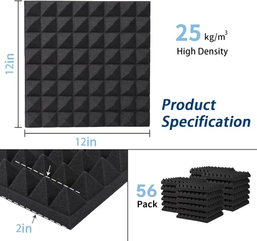 Vista 4 de Paquete de 56 paneles de pared insonorizados, 2 x 12 x 12 pulgadas, espuma acústica piramidal autoadhesiva, paneles acústicos de alta densidad