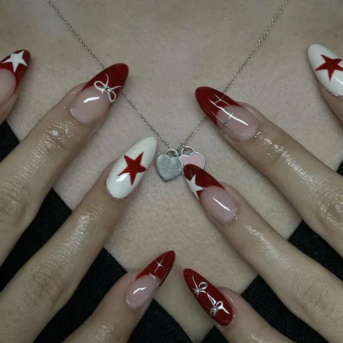 Vista 12 de Uñas postizas de almendra medianas MABKJLF con punta francesa, uñas falsas 3D con diseños de pedrería de flores de fresa, uñas pegajosas brillantes 1