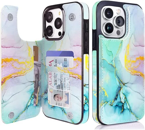 Vista 46 de uCOLOR - Funda tipo cartera para iPhone 15 con tarjetero y diseño de lunares con leche de almendra Bloqueo RFID de piel sintética para mujeres