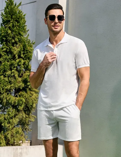 Vista 5 de TURETRENDY Conjunto de camisa polo y pantalones cortos para hombre, traje de polo de manga corta casual de 2 piezas, trajes de verano con botones