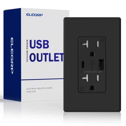 Vista 34 de ELEGRP Cargador USB de pared, receptáculo USB con puertos USB tipo A y tipo C, enchufe dúplex de 15 amperios resistente a manipulaciones NEMA 5-15R