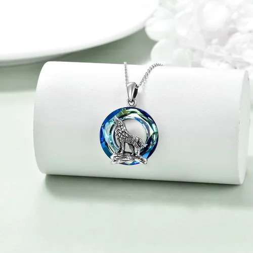 Vista 2 de YFN Collar de lobo para hombres y mujeres, plata de ley, ópalo luna, lobo joyería de cumpleaños para amantes del lobo de 18 + 2 pulgadas, Plata