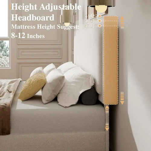Vista 4 de Base de cama Queen con cabecera ajustable, cama plataforma Boucle Cloud con listones de madera, base de colchón, no necesita somier, fácil montaje