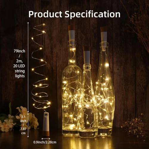 Vista 3 de Luces para botellas de vino – Paquete de 4 tapones de botella recargables de 140 mAh con 20 luces LED, 8 modos de luz de conmutación, perfecto