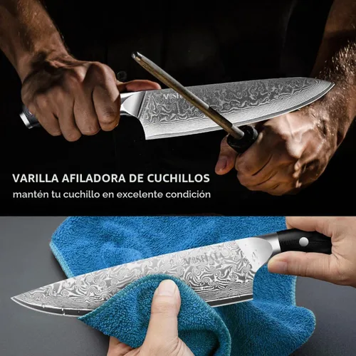Vista 6 de MOSFiATA Juego de cuchillos de chef profesional de Damasco, 3 piezas, cuchillo de chef de 8 pulgadas, cuchillo Santoku de 7 pulgadas y cuchillo