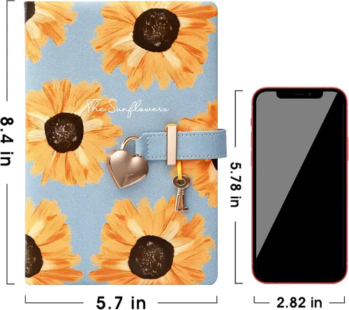 Vista 2 de Diario infantil de cuero sintético con candado y llave, agenda de viaje, agenda, cuaderno secreto de notas para mujer, 5.3 x 8.4 pulgadas, girasol