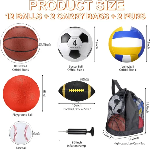 Vista 2 de Deekin 12 Pcs Assorted Sport Ball Set for Kids Official Size Basketball Football Volleyball Soccer Baseball Playground Ball with Bag and Pump for