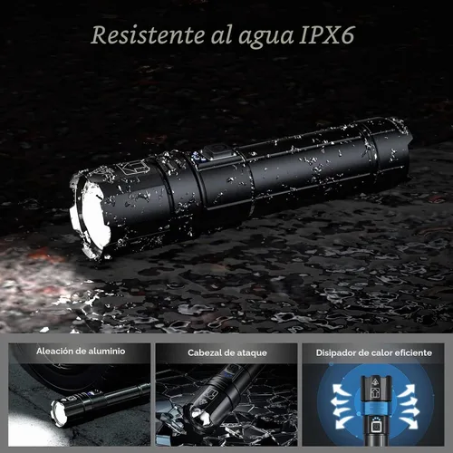 Vista 6 de Linterna LED recargable de alto lúmenes, 80000 lúmenes brillante y potente linterna, 5 modos, luz de flash de mano impermeable IPX6 para acampar