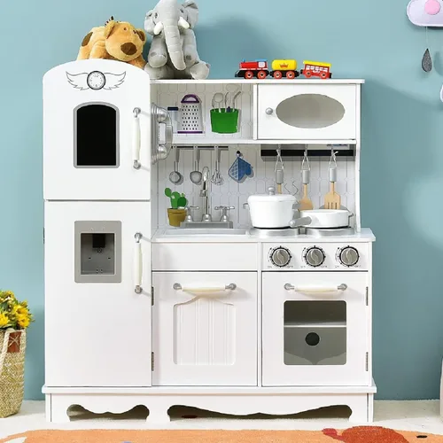 Vista 13 de Costzon Juego de cocina para niños, juego de madera para niños pequeños con luces y sonidos reales, fregadero, grifo, dispensador de agua, Blanco