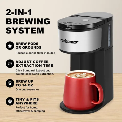 Vista 4 de Ranbomer Cafetera K Cup, cafetera de una sola porción o máquina de café molido 2 en 1, tamaños de preparación de 6 a 14 onzas, mini cafetera de una