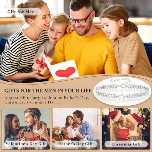 Vista 4 de Pulsera con inicial para hombre, cadena de eslabones cubanos de oro y plata, ajustable, joyería para hombre, regalos únicos para hombres, marido