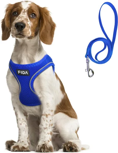 Vista 10 de Fida Cómodo arnés para perro con correa, chaleco suave para cachorros, a prueba de escapes, transpirable y ligero de malla suave, arnés reflectante