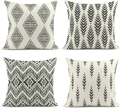 Vista 6 de ArtSocket - Juego de 4 fundas de almohada decorativas Ikat tribal y boho bohemio, diseño étnico de herringbone en negro, de lino para ideas