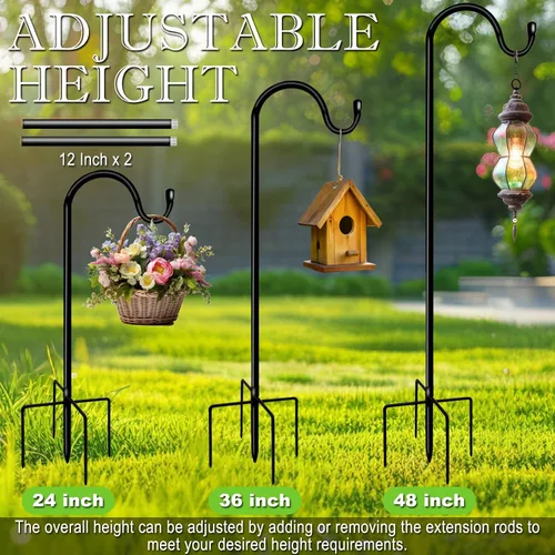 Vista 6 de Ganchos de pastor para exteriores de 48 pulgadas, poste de comedero de pájaros de jardín con base de 5 puntas, ajustable para colgar cesta