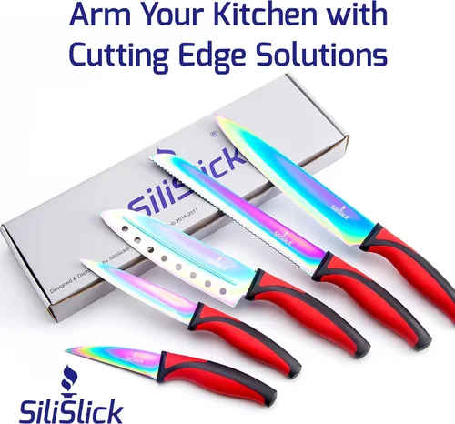 Vista 9 de SiliSlick Rainbow - Juego de cuchillos de cocina afilados de acero inoxidable con revestimiento de titanio, chef, pan, Santoku, pelar y utilidad