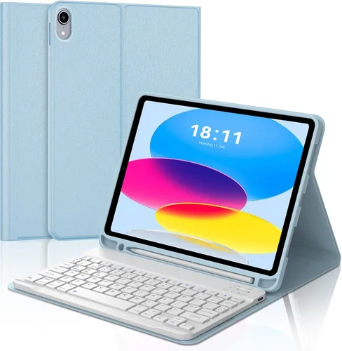 Vista 13 de KVAGO Funda para iPad (A16) de 11ª y 10ª generación con teclado, teclado desmontable inalámbrico retroiluminado de 7 colores, funda de teclado folio