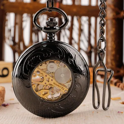 Vista 6 de Alwesam Reloj de bolsillo mecánico mano viento números romanos hombres steampunk con caja de cadena