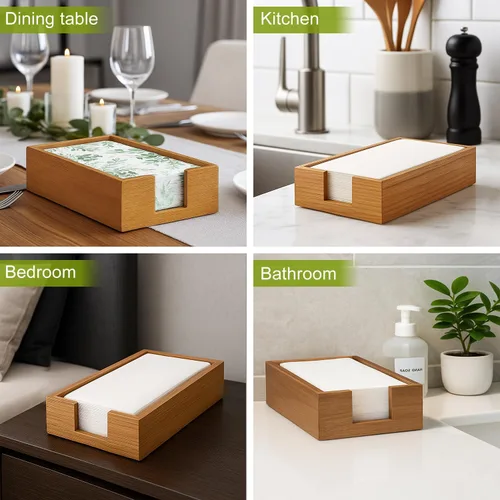 Vista 5 de Toallero de madera de acacia para servilletas de baño, bandeja de toalla de mano, soporte plano para servilletas de cóctel para mesa de cocina
