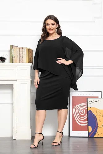 Vista 4 de KIMCURVY Vestido de capa de talla grande para mujer, vestido de tubo con superposición de gasa, vestido midi para boda, cóctel, fiesta
