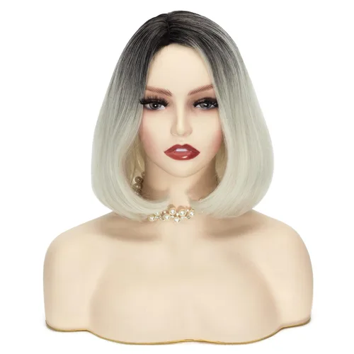 Vista 6 de Peluca corta negra Bob para mujer, disfraz de cosplay, Halloween + gafas rojas Negro