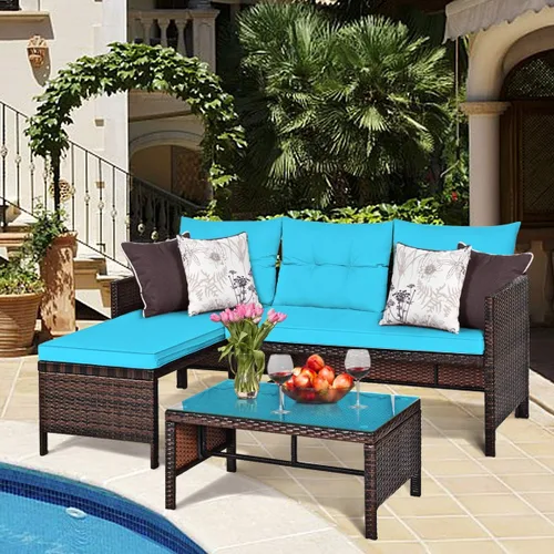 Vista 2 de RELAX4LIFE Juego de muebles de patio de 3 piezas, juego de sofá seccional de mimbre para exteriores con cojín lavable, mesa de centro de vidrio
