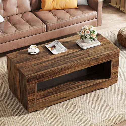 Vista 5 de Tribesigns Mesa de centro de madera para sala de estar, mesa de centro moderna de granja de 43.3 pulgadas con almacenamiento, mesa central