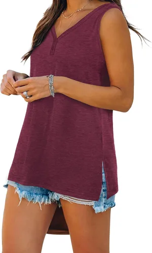 Vista 3 de WEESO Camisetas sin mangas de verano con cuello en V para mujer, con botones, ajuste holgado