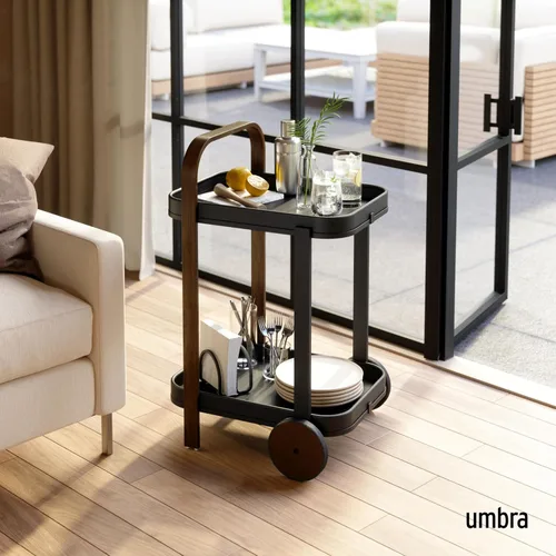 Vista 2 de Umbra Bellwood - Carrito de bar, carrito para servir, mesa auxiliar, nogal/negro