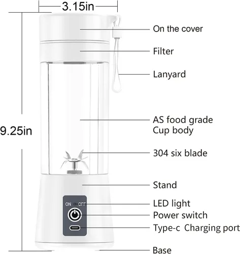 Vista 2 de Licuadora portátil Licuadora personal Mini Batidos Batidos Juicer Cup USB Recargable Blanco