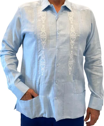 Vista 2 de Camisa de lino guayabera de boda para hombre. Ajustada. Embrioderado. Permitir gemelos. Blanco