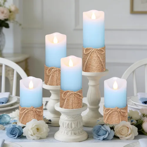Vista 6 de Crystal Club Velas azules sin llama, juego de 5 velas LED con temporizador, juego de velas de cera real con control remoto para decoración del hogar