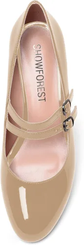 Vista 3 de SHOWFOREST Zapatos de tacón bajo con hebilla de punta redonda para mujer, con correa ajustable y correa ajustable, 2 pulgadas Beige