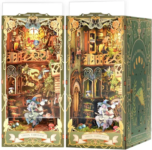 Vista 7 de Jioustoy Kit de rincón de libros para adultos, rincón de libros con cubierta antipolvo. Casa de muñecas en miniatura 3D sujetalibros de madera