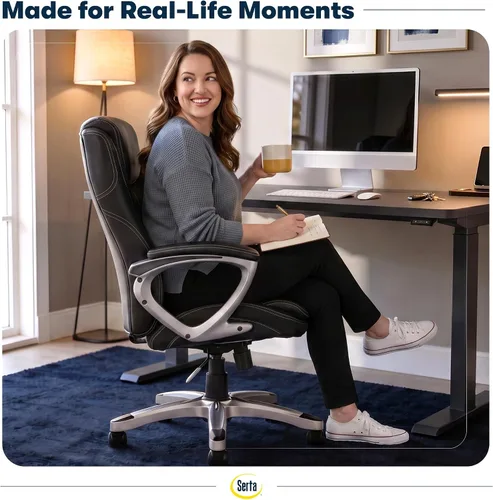 Vista 5 de Silla Serta, Negro Contoured Lumbar Lower Back Support, Back Pain Relief Chair, Adjustable Height and Recline, Work From Home Desk Chair, Black