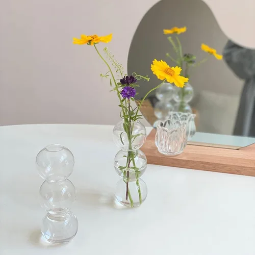 Vista 5 de Jarrón hidropónico de cristal dorado, 2 piezas, moderno florero de 4 bolas, jarrón de cristal, jarrón de vidrio, decoración de mesa para el hogar