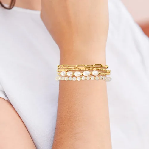 Vista 4 de Pymach Delicado juego de pulseras de cuentas de cristal de perlas de oro para mujer, chapado en oro real de 14 quilates, cuentas de cristal