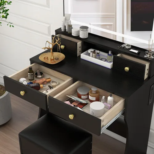 Vista 4 de Panana Juego de escritorio de tocador con espejo iluminado LED ajustable, tocador de maquillaje para niñas con taburete y 4 cajones
