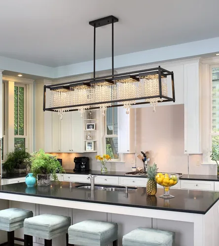 Vista 11 de MEIXISUE Candelabros modernos de cristal K9 RGB LED Rectango, lámparas de araña para comedor, sala de estar, cocina, isla de 33.86 pulgadas de largo