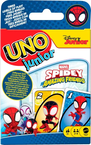 Vista 7 de Mattel Games UNO Junior Move - Juego de cartas para niños con reglas de acción para noche familiar, noche de juegos, viajes, campamento y fiesta