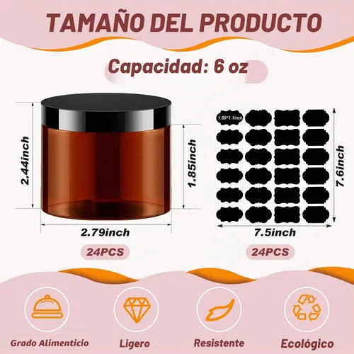 Vista 3 de Paquete de 24 tarros de cosméticos transparentes de 6 onzas con tapas Ámbar con tapa negra