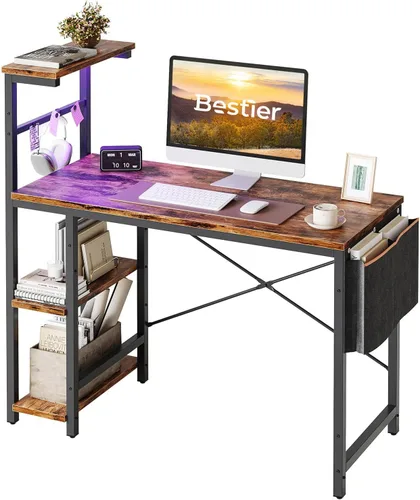 Vista 16 de Bestier Escritorio para juegos con tomas de corriente, escritorio LED grande de 61 pulgadas con estantes reversibles de 4 niveles, mesa