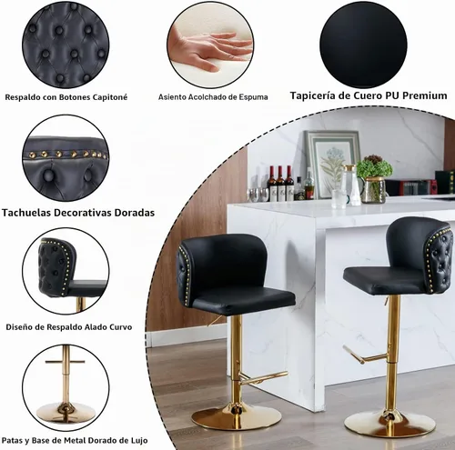Vista 3 de Setawix Juego de 2 taburetes de bar giratorios de piel sintética de poliuretano para isla de cocina, taburetes de comedor con respaldo copetudo