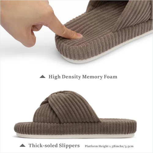 Vista 2 de Chantomoo - Pantuflas para mujer, de espuma viscoelástica, para el dormitorio, con lazo de pana, con bandas cruzadas, cómodas, modernas, para regalo