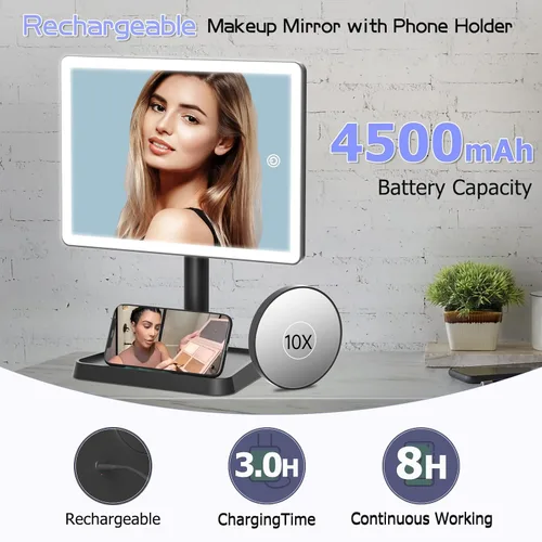 Vista 2 de FUNTOUCH Espejo de tocador de maquillaje recargable con luces, espejo de escritorio grande iluminado con 96 luces LED y aumento de 10x, iluminación