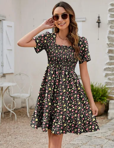 Vista 3 de Qirno Vestido corto de gasa para mujer, casual, cuello cuadrado, con vuelo, manga corta, fruncido, escalonado, acampanado, de gasa, S-XL