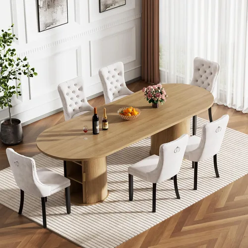 Vista 39 de Mesa de comedor redonda extensible con base de almacenamiento, mesa de comedor expandible natural de 63 a 94 pulgadas para 10 personas, mesa