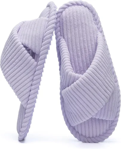 Vista 21 de GOEWY - Pantuflas para mujer con espuma viscoelástica para el hogar, con entretejido de pana, tiras cruzadas, con punta abierta, sandalias cómodas