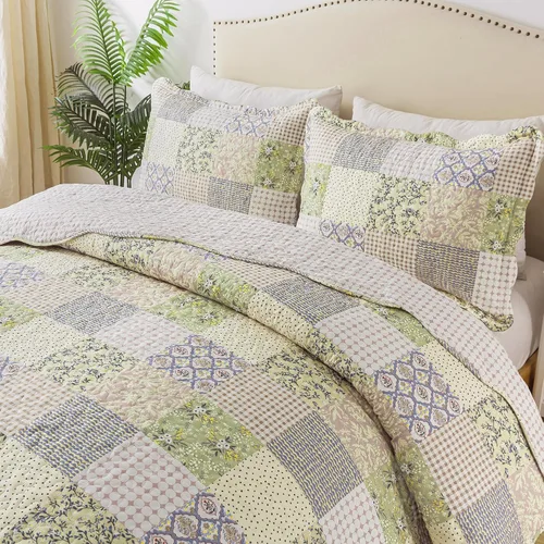 Vista 21 de Juego de cama de dos piezas, tamaño individual, de microfibra, reversible, de retazos, estilo floral, todas las estaciones, patrón de porcelana azul